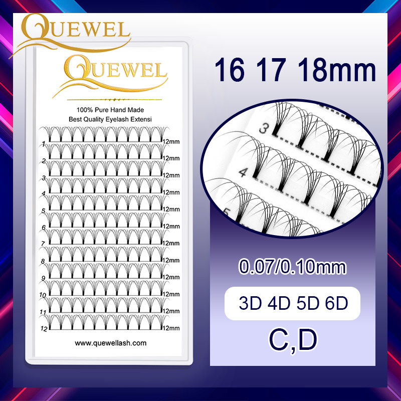 Quewel Pre-made Volume Eyelash Extensions Russian Individual Eyelashes Faux Mink Fans Lashes 16/17/18mm C&D Curl 3D/4D/5D/6D