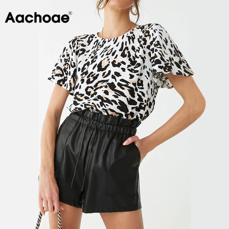 Aachoae Blouse Women 2020 Leopard Print Blouse Shirt Summer Flare Short Sleeve Casual Tops O Neck Ladies Office Shirts Blusas