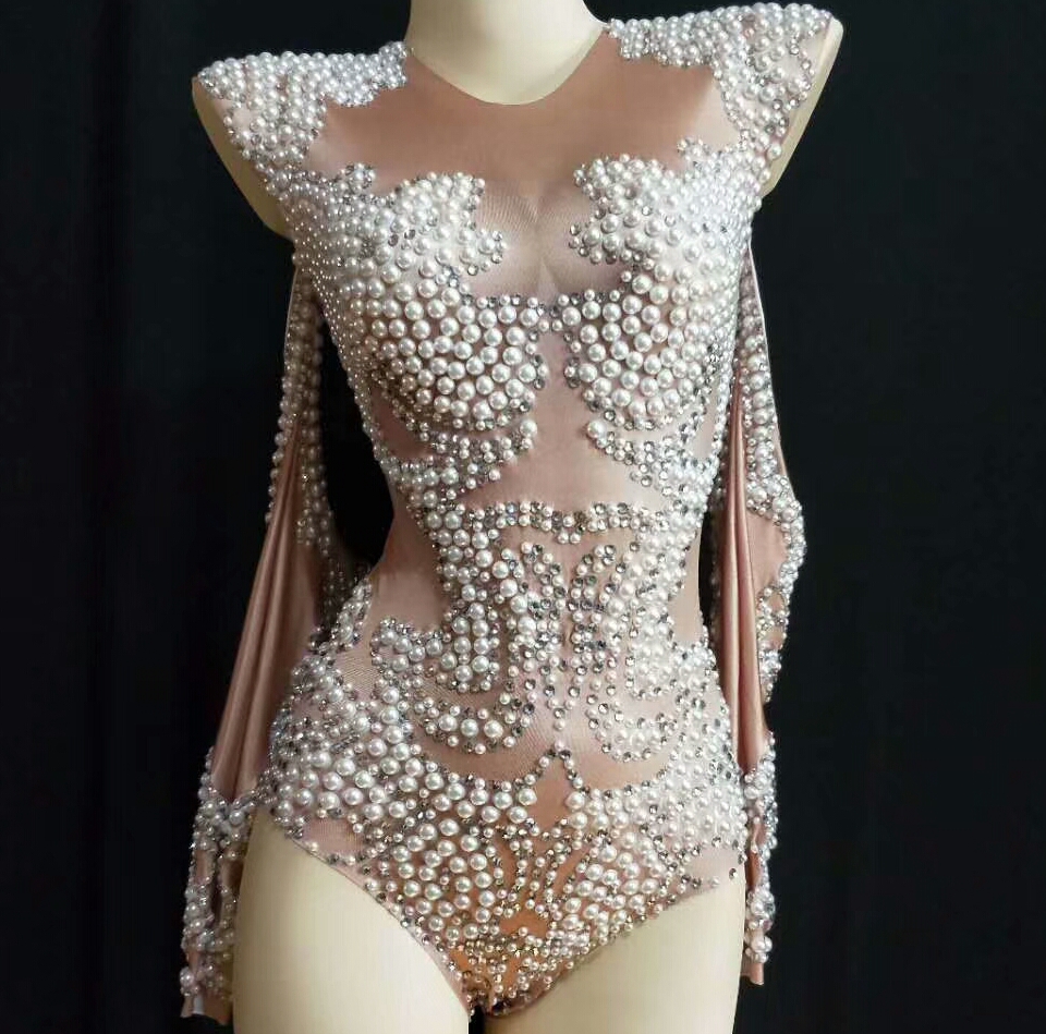 Women's Sexy Bodysuit Bar Nightclub Venetian Pearl Sparkly Rhinestone Stage Performance Costumes Female Singer Dance Wear