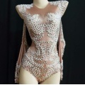 Women's Sexy Bodysuit Bar Nightclub Venetian Pearl Sparkly Rhinestone Stage Performance Costumes Female Singer Dance Wear