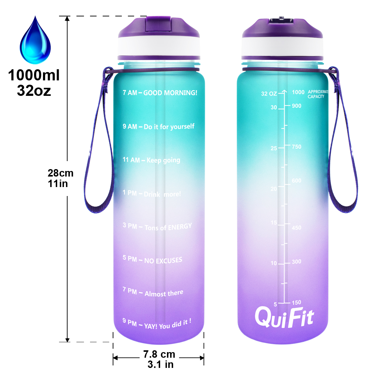 QuiFit 1L 34OZ Tritan Water Bottle With Straw & Filp-Flop BPA Free Drinking Cups Bicycle Bottles Portable GYM Outdoor Sports Jug