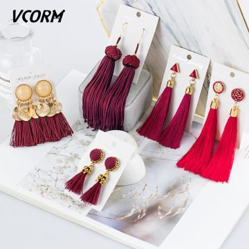 VCORM Bohemian Tassel Crystal Long Drop Earrings for Women Red Cotton Silk Fabric Fringe Earrings 2020 Fashion Woman Jewelry