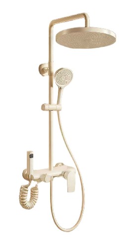 golden and silver bathroom shower heads.