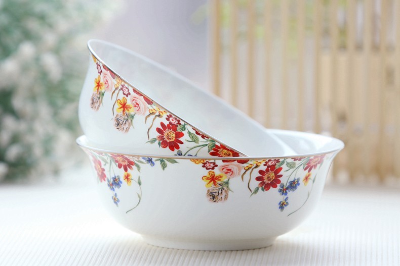 6 inch, gilded banding, rose flower painting, bone china soup bowl set, decorative ceramic salad bowl, big bowl for soup serving