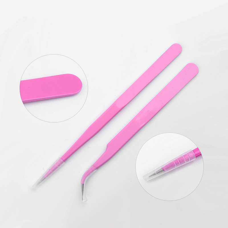 2Pcs/Set Picking Tool Pink Stainless Steel Eyelash Extension Curved Straight Tip Nippers Tweezer Nail Tool Beauty Eye Makeup