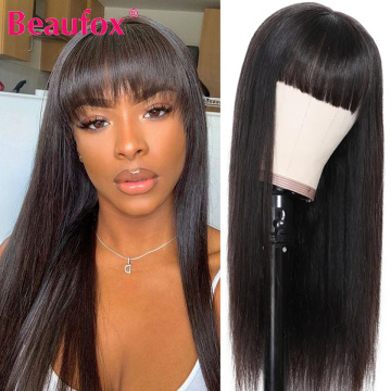 Beaufox Brazilian Straight Human Hair Wigs With Bangs Remy Full Machine Made Human Hair Wigs For Women 8-28 Inch Fringe Wig