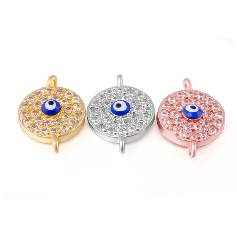 Juya DIY Micro Pave Blue Crystals Enamel Greek Turkish Evil Eye Charm Connector Accessories For Women Bracelets Earrings Making