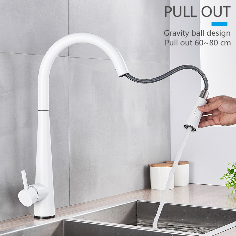 POIQIHY White Sensor Kitchen Faucet Pull out 360 Rotation Touch sense Faucets Crane Tap Cold Hot Water Mixer Tap Battery power