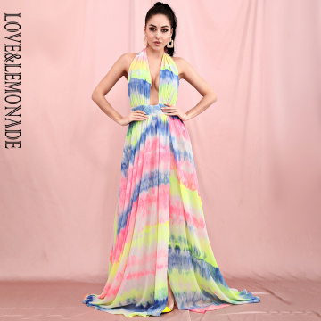 LOVE & LEMONADE Sexy V-Neck Open Back Cut Out colorful print Chiffon Long Dress LM81049A