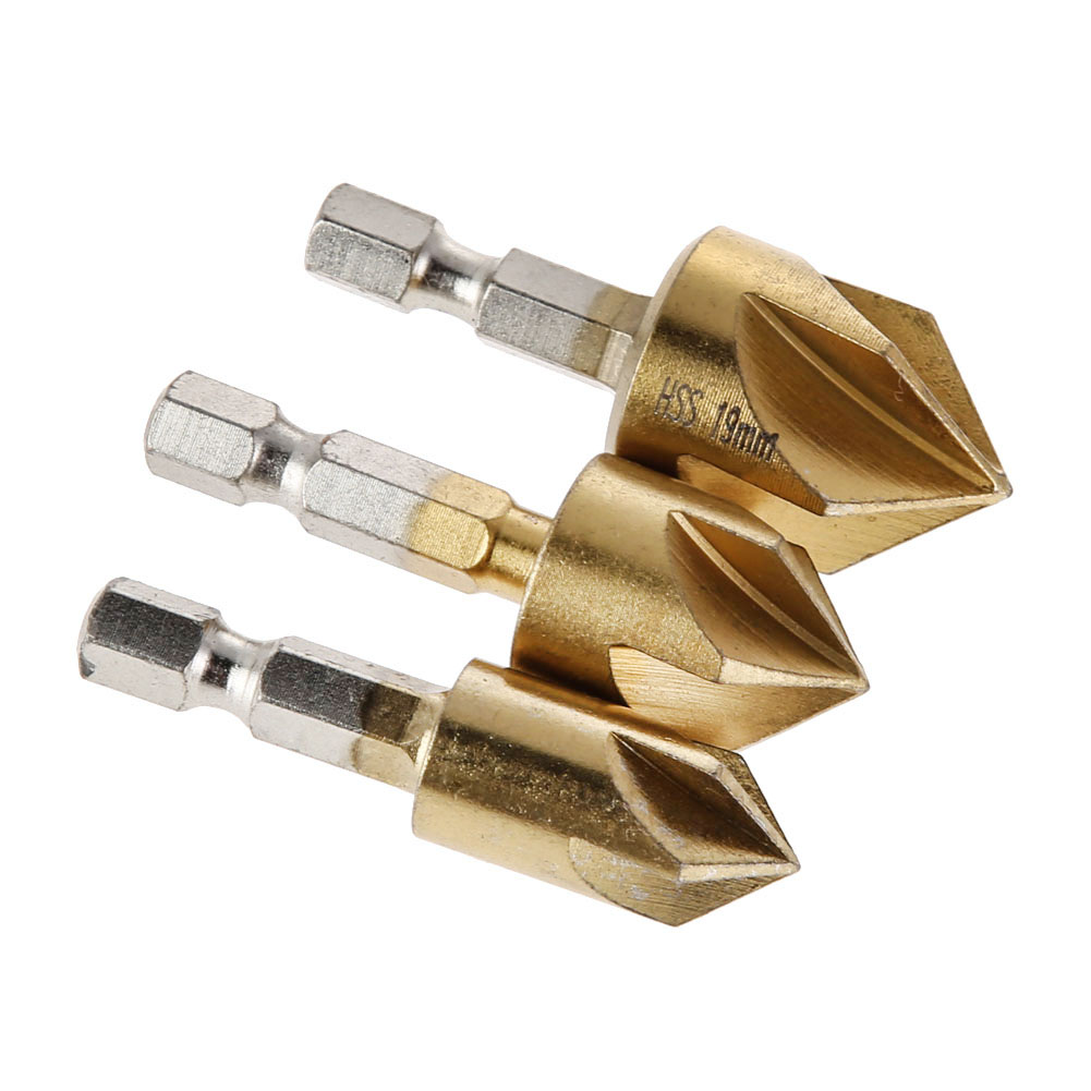 3 PCS 5 Fluit Afschuining Countersink 1/4 "Hex Shank HSS Hout Afkanten Cutter Afschuining 12/16/19mm Verzinkboor Boor