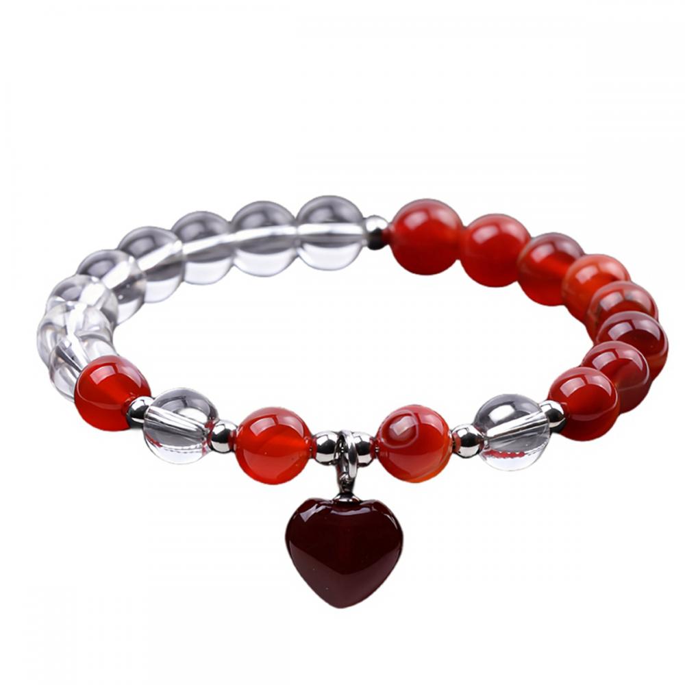 Natural Stone Quartz Round Beads With Heart Charm Stretch Bracelet Gemstone Chakra Healing Quartz Elastic Bracelet for Women Men
