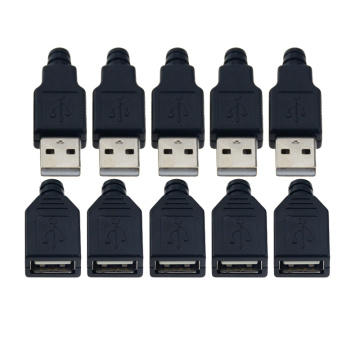 10pcs Type A Male Female USB 4 Pin Plug Socket Connector With Black Plastic Cover Type-A DIY Kits