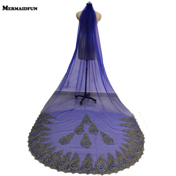 High Quality Gold Lace Appliques Blue Tulle Wedding Veils 1 Tier 3 M Cathedral Bridal Veil with Comb Voile Mariage Duvak