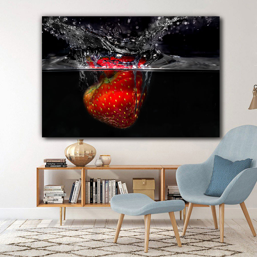 Kitchen Decor Canvas Painting Fresh Fruit in Water Pictures Strawberry Lemon Pineapple Wall Posters for Kitchen and Living Room