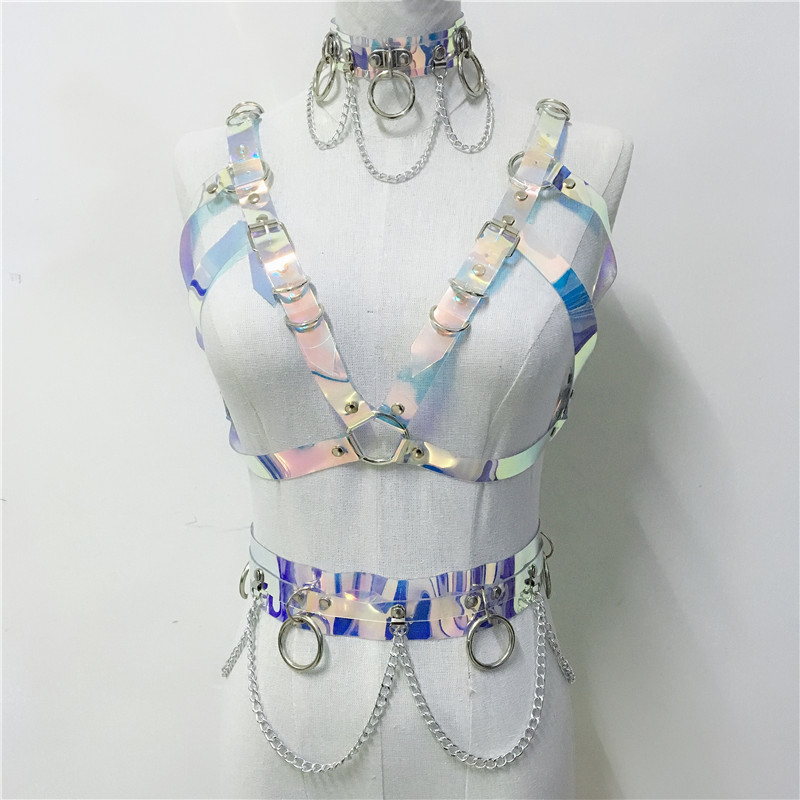 Goth PVC Holographic Belts 3 Piece Set Women Link Chains Laser Choker Sexy Bra Chest Belts O Rings Waist Belt Party Club Outfits