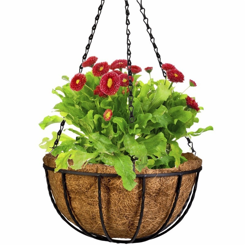 2pcs Wrought Coconut Half round Flowerpot Hanging Basket Rattan Decor Pots Iron Flower Basket with Chain Balcony Decoration