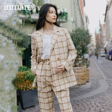 INMAN 2020 Autumn New Arrival Elegnat Casual Retro Style Plaid Pattern Double Breast Button Long Sleeve Blazer