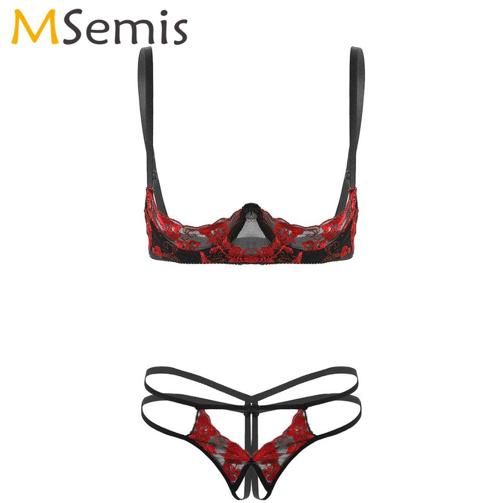 Erotic Womens Embroidery Lace Lingerie Set Sexy Cupless Bare Bra with Open Crotch String Panties Lenceria Micro Bikini Underwear