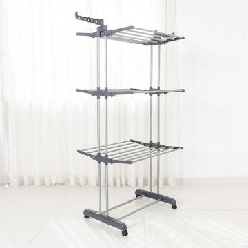 Folding Drying Dryer Rack Hangers 3 Tiers Clothes Laundry with Wheels Cloth Shoes Hanger (Grey)