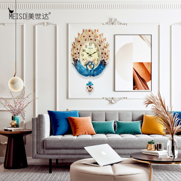 Luxury Peacock Silent Resin Large Decorative Penludum Wall Clock Modern Design Living Room Home Decoration Wall Watch Sticker