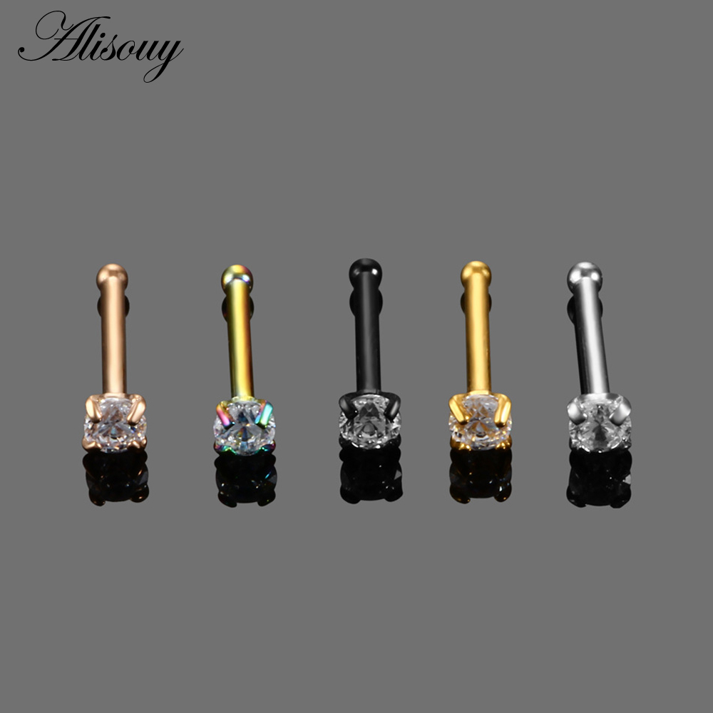 Alisouy 1PC G23 Titanium Crystal Gem Nose Stud Piercing Rose Gold Nose Screw Nazir Piercing Nostril Earring Piercing Jewelry 20G