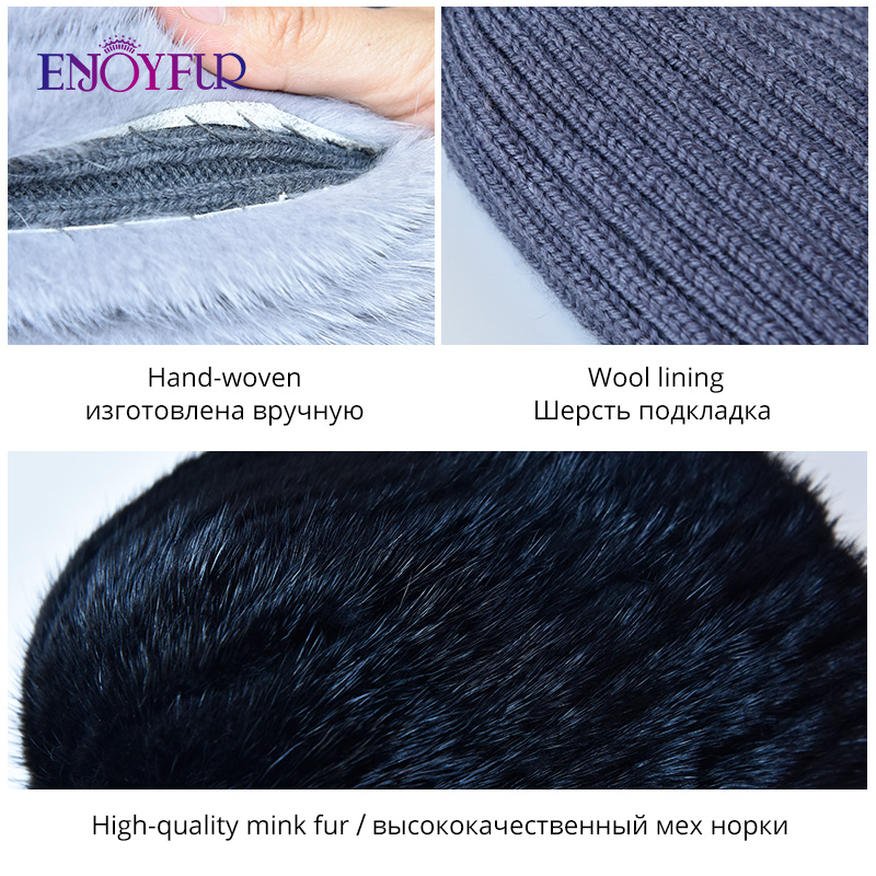 ENJOYFUR Natural Mink Fur Hats For Women Cute Cat Ear Thick Winter Hat Female Fashion Fur With Rhinestones Knitted Beanies