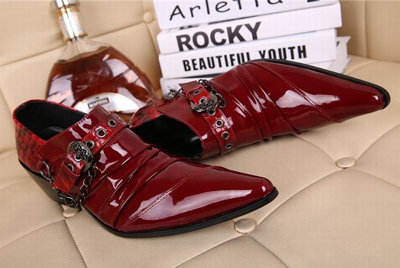 Red Patent Leather Man Dress Shoes Fashion Slip On Oxfords For Men Genuine Leather Punk Buckle Chain Formal Party Wedding Shoes