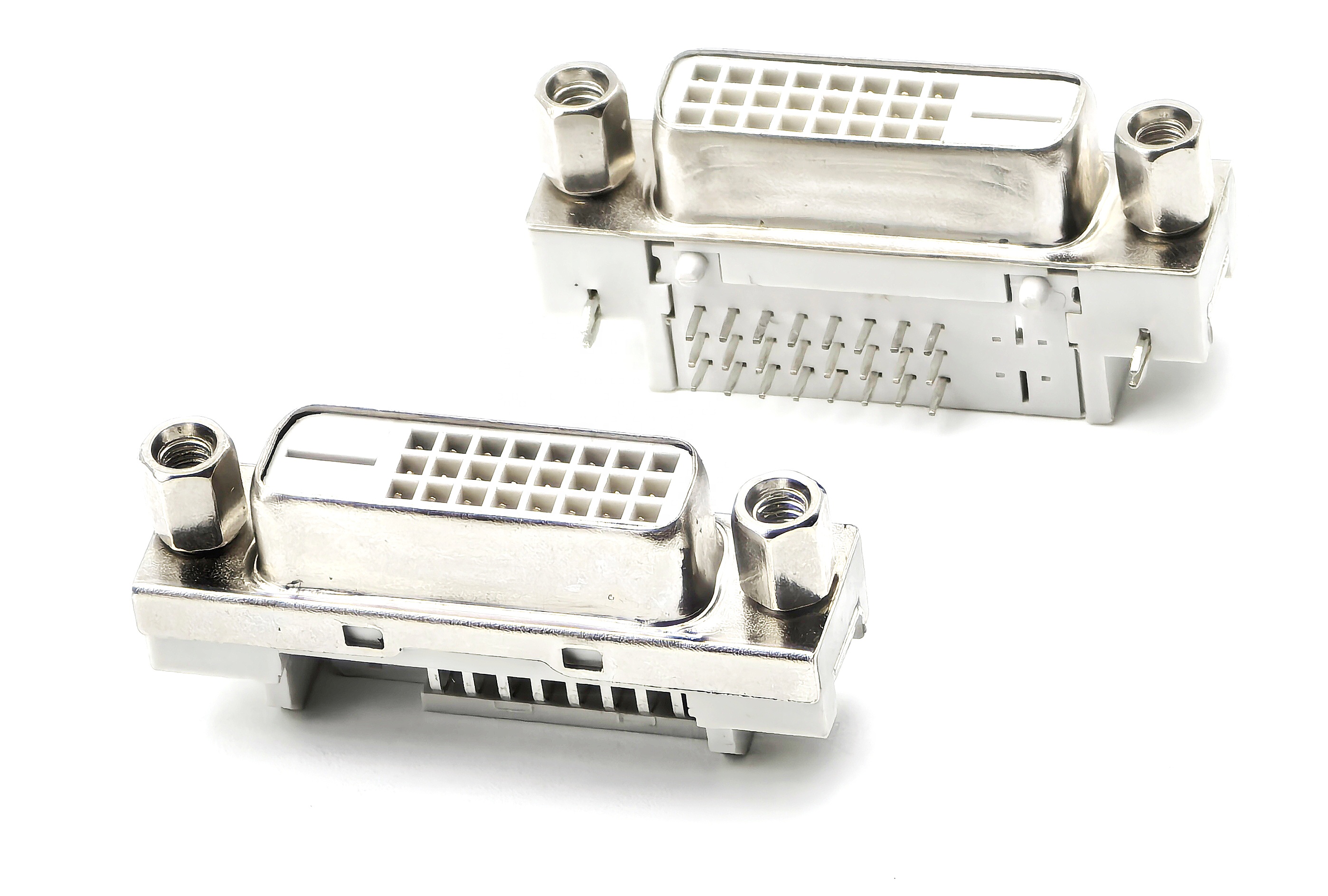 DVI Connector Right Angle DIP Female With Selective Gold Plating and Riveting Including Screws White 29P