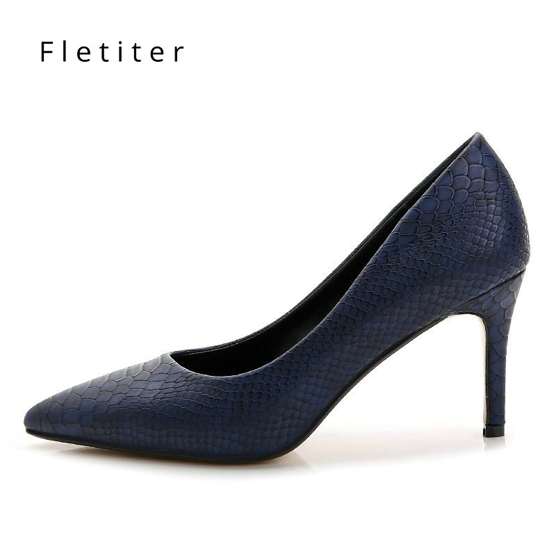 Women Shoes High Heels leather dress pumps shoe Ladies Pointed Toe Elegant Work Blue Pumps Genuine Leather shoes womens Fletiter