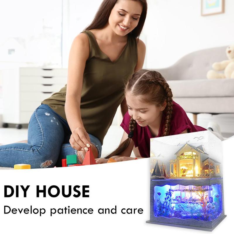 Villa Doll House Furniture LED Light DIY Wooden Mini Dollhouse Assemble Toy