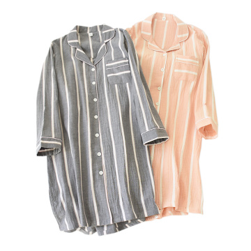 New Japanese simple striped nightgowns women 100% cotton nightdress casual Long sleeve indoor sleep dress women sleepwear