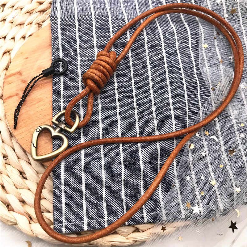 Genuine Leather With heart-shaped Metal Buckle Neck Strap Pendant Neckline Lanyard Mobile Phone Strap Charms Keyring Buckle Rope