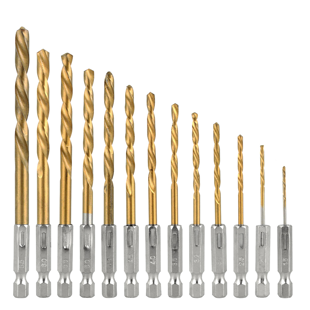 13pcs HSS High Speed Steel Titanium Coated Drill Bit Set 1/4 Hex Shank 1.5-6.5mm for Drilling Wood Plastic Aluminum Iron Plates