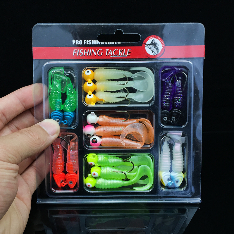 INFOF 17-pieces Fishing Lure Kit Lead Jig Head Hook with Soft Bait Grub 5.5cm/8g 6cm/7g Jighead Worm Hook Carp Fishing Equipment