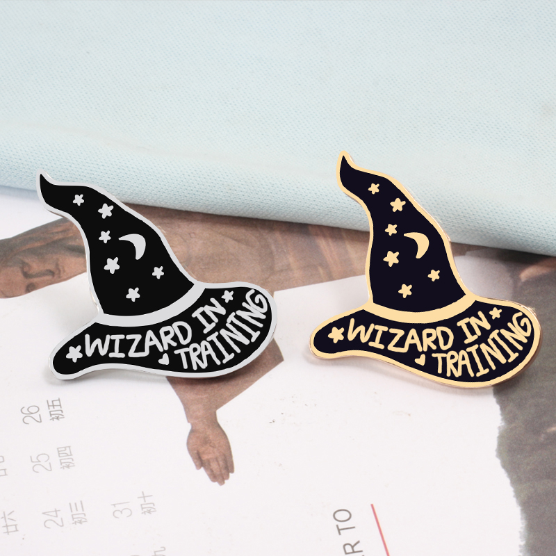 6 style funny hat gold silver color SHE'S CRAFTY and BASIC WITCH game brooch Enamel pins party accessories Kids Gift celebrate