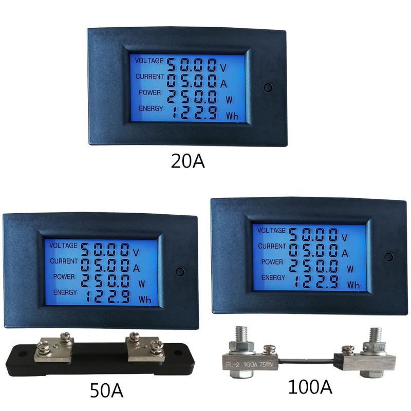 20A /50A/100A DC 7.5-100V Digital LCD Voltmeter Ammeter Wattmeter Power Energy Meter Volt kwh Watt Amp