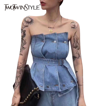 TWOTWINSTYLE Sexy Irregular Women Tank Top Strapless Sleeveless High Waist With Sashes Vest For Female 2020 Fashion Clothes Tide