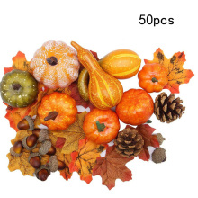 50pcs Simulation Pumpkin Golden Autumn Mini Pumpkin Set Halloween Pumpkin Thanksgiving Decoration Pumpkin Pine Cones Acorns Prop