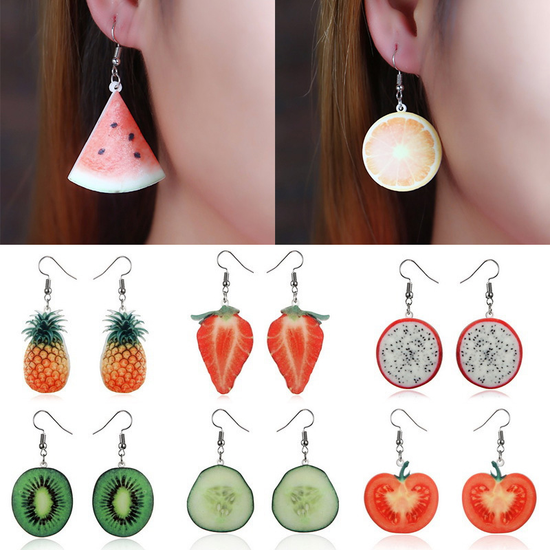 Acrylic Kawaii Cute Fruit Earrings Strawberry Pineapple Tomato Kiwi Orange Cucumber dragon apple Fresh Drop Dangle Jewlery Gift