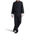 Men's Linen Cotton Kung Fu Uniform Mandarin Collar Roll-Up Sleeve Frog Button Shirt Pants Outfit Martial Arts Wear for Training