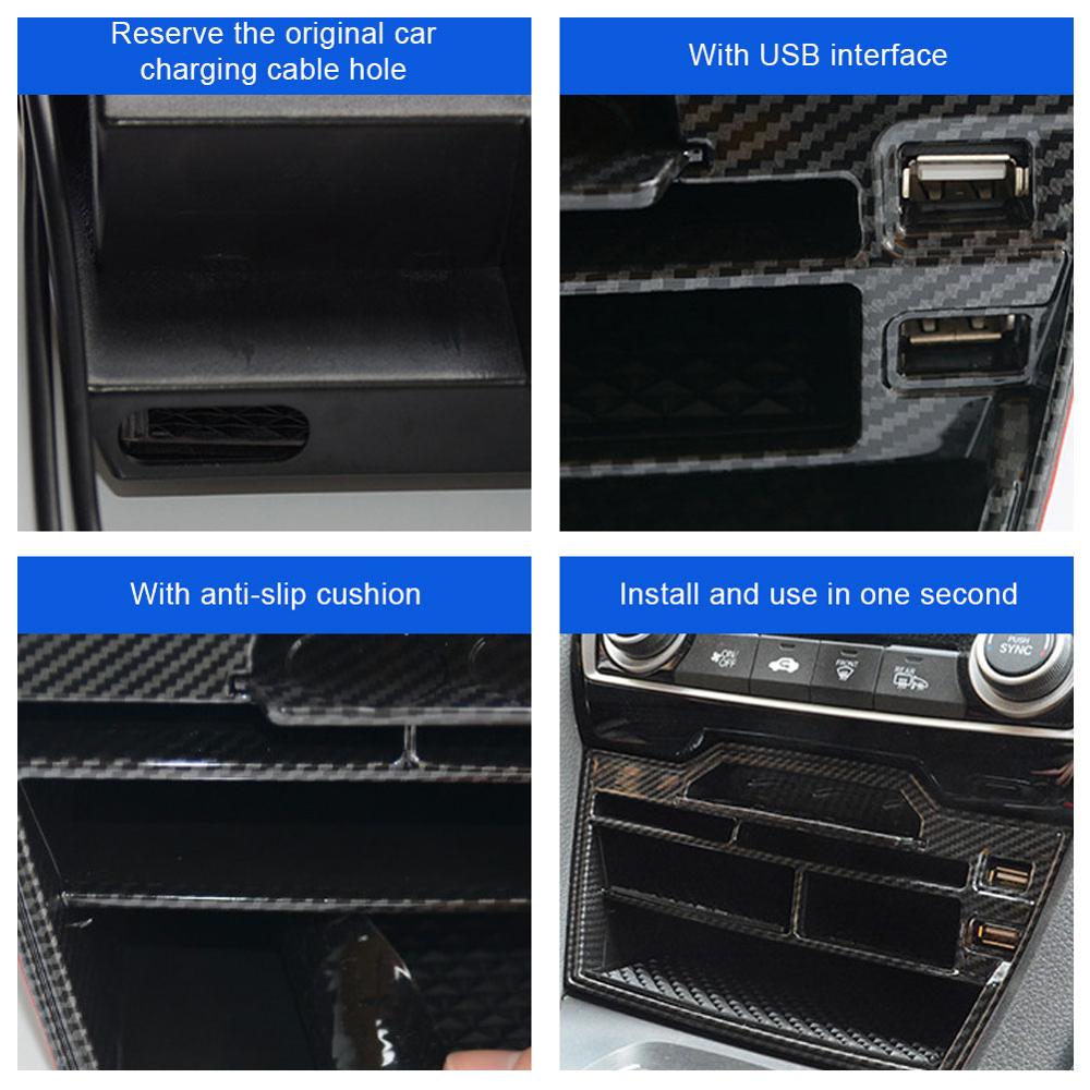 For Honda Civic 2016-2020 Center Console Storage Box Phone Coins Trays Cards Organizer with Dual USB Outlet Cable Car Interior