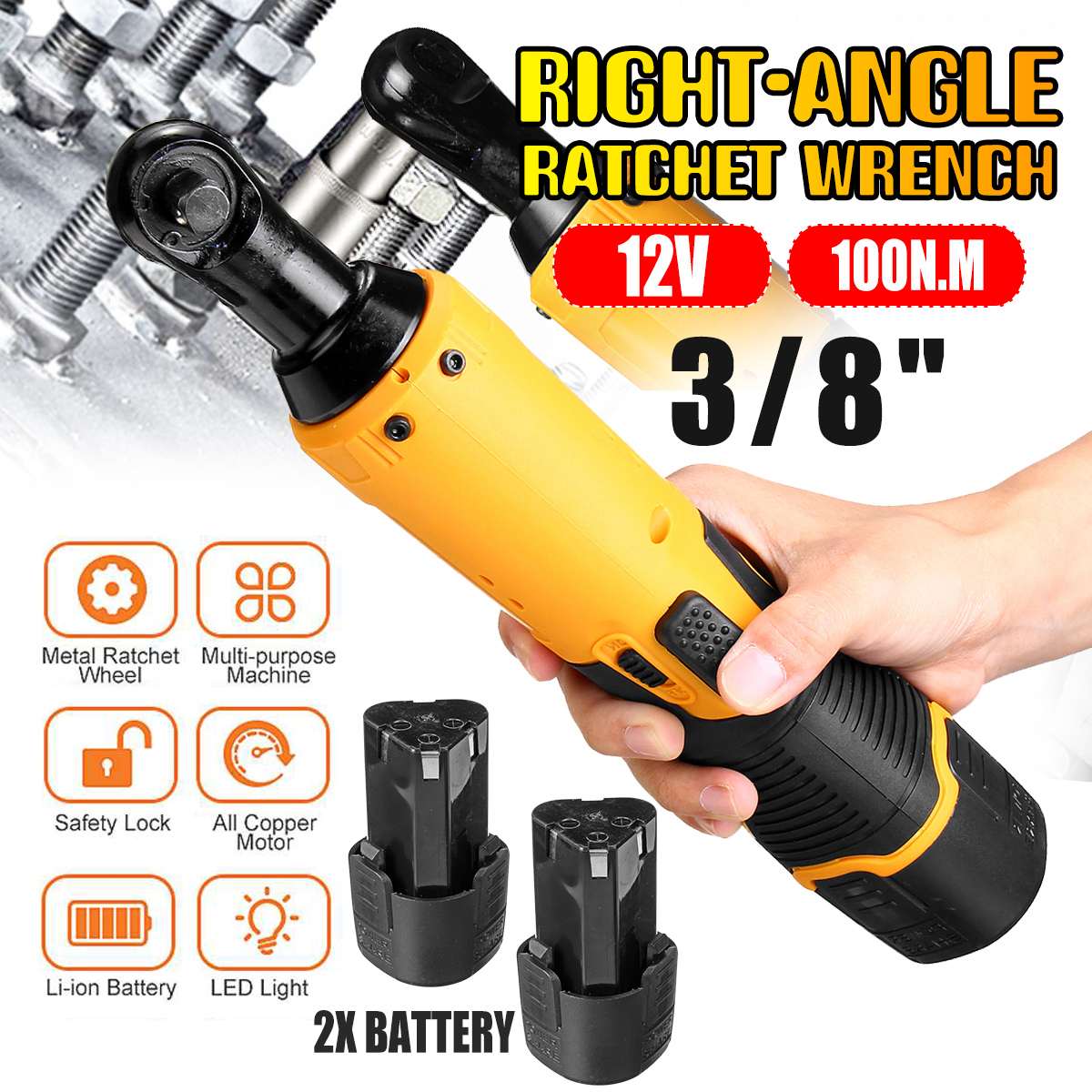 12V Electric Wrench 3/8" Cordless Ratchet Rechargeable Power Tool 100N.m Right Angle Wrench Tool with 1/2 Battery Charger Kit