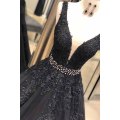 Black Long Prom Dresses with Beading V-Neck Ball Gown Tulle Appliques Lace Saudi Arabic Evening Dress Gown abiye gece elbisesi