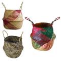 Nordic Style Color Matching Natural Seaweed Woven Shopping Basket Plant Flowerpot Basket Foldable Handmade Storage Basket