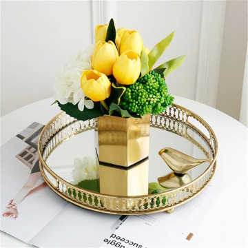 European Mirror Storage Tray Gold Iron Serving Tray Jewelry Organizer Home Office Storage Holder Baskets Decoration Round/Square