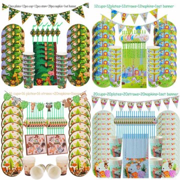 Jungle Birthday Party Decoration Disposable Tableware Set Jungle Animal Forest Friends Zoo Theme Supplies Baby Shower Safari