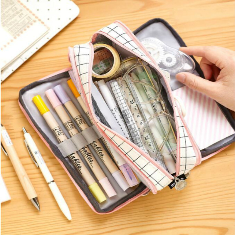 Multifunction Zipper Pencil Case Grid Canvas Pen Case Pencil Bag Girl Gift Washable School Supplies Student Korean Stationery