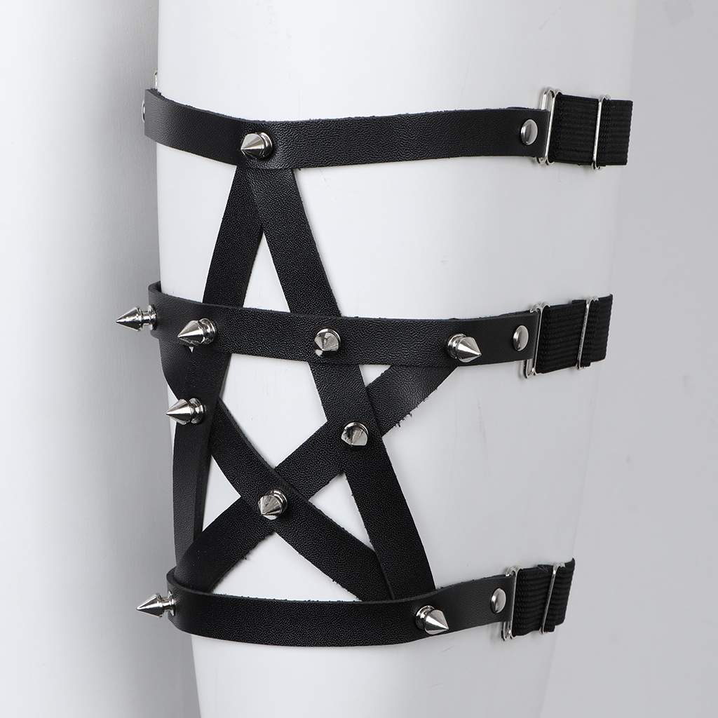 Sexy Leg Garter Belt Anti-Slip Adjustable Elastic Leather Punk Star Pentagram Leg Harness 15.5 x 20cm