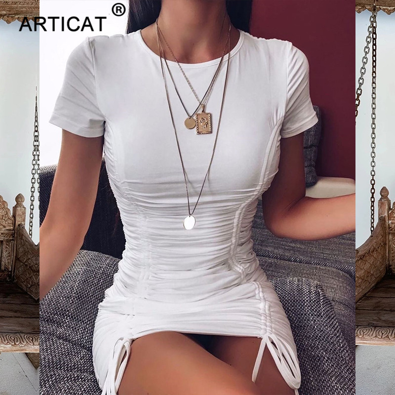 Articat White Ruched Pleated Bodycon Dress Women Drawstring Short Sleeve Mini Party Dress Solid Basic Skinny Casual Dress Short