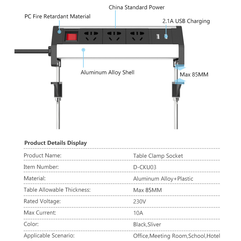 Table Clamp Metal Socket Office Desktop Countertop Meeting Room Outlet Standard Power Socket EU/UK/AU/US With 2 Usb Port &Switch